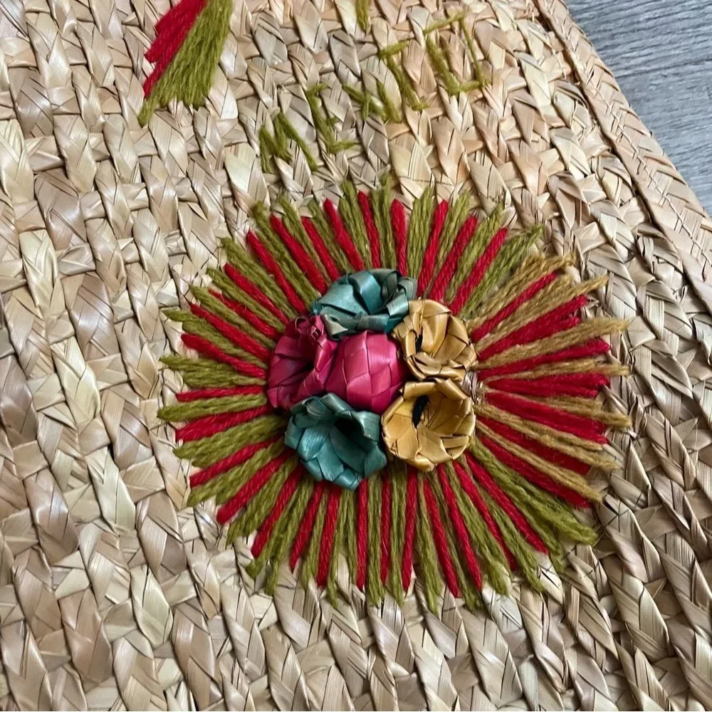 VINTAGE Hand Woven Straw México Floral Large Beach Tote Bag - Picture 8 of 10